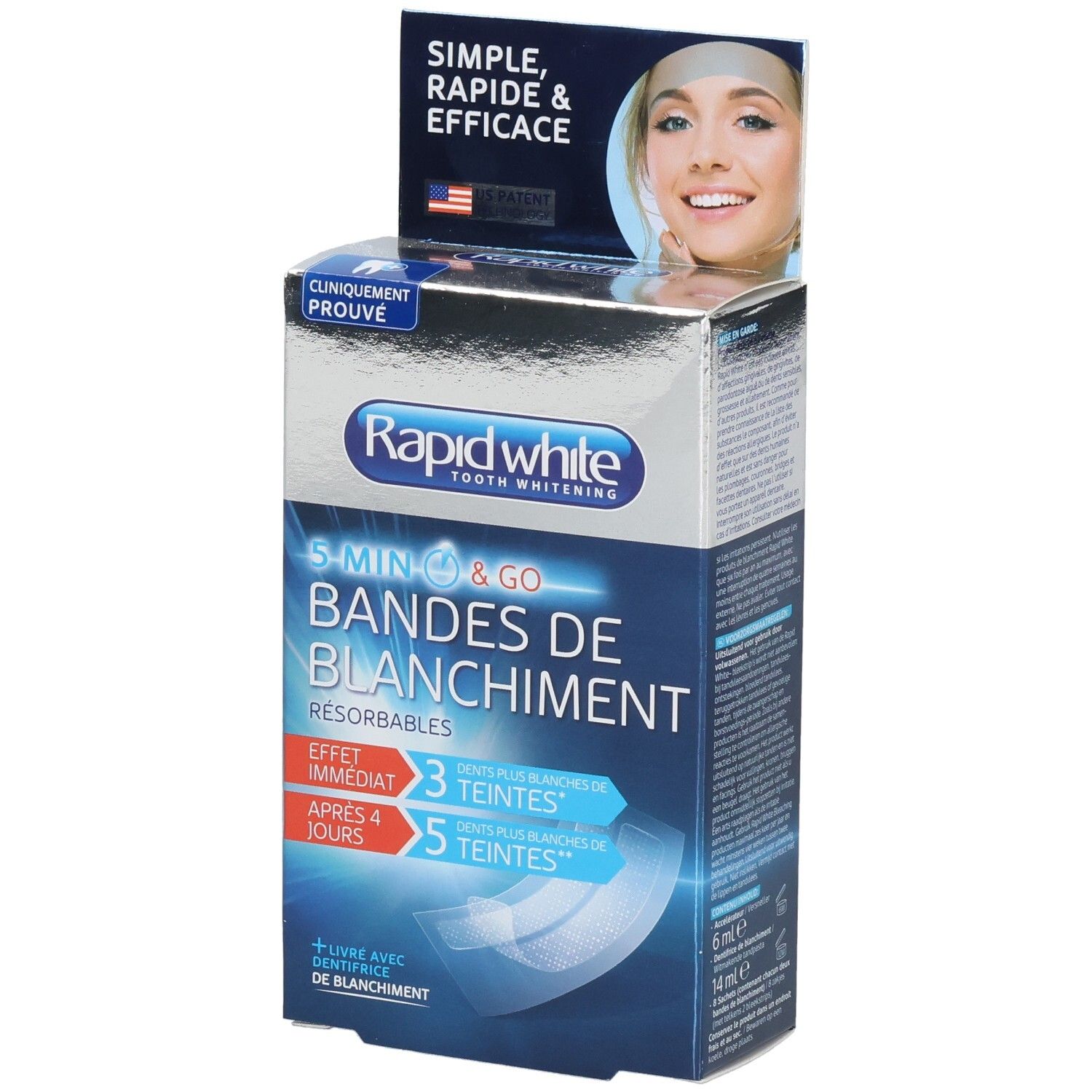 Boîte de bandes de blanchiment Rapid White, application 5 minutes.