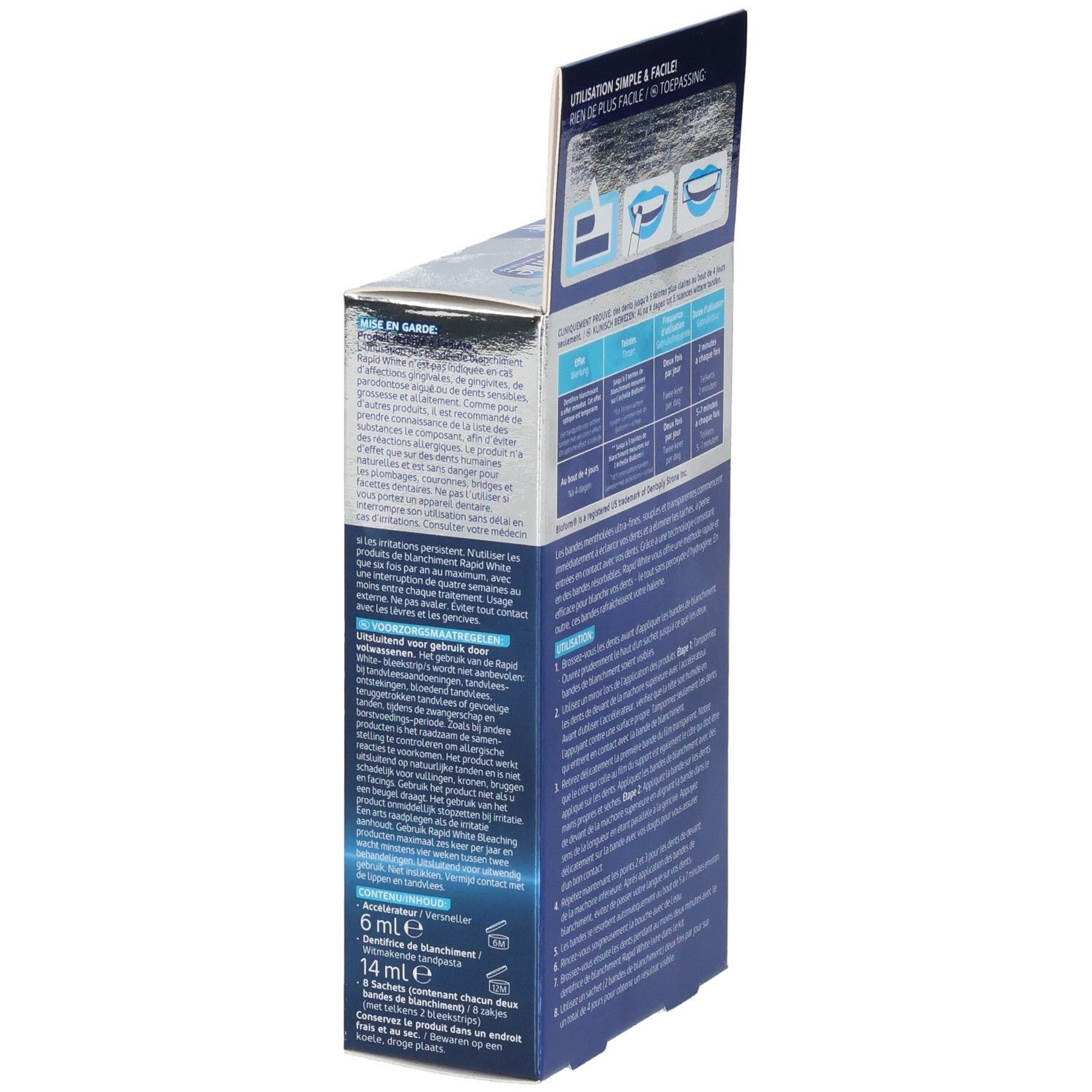 Vue latérale de la boîte de bandes de blanchiment Rapid White avec avertissements.