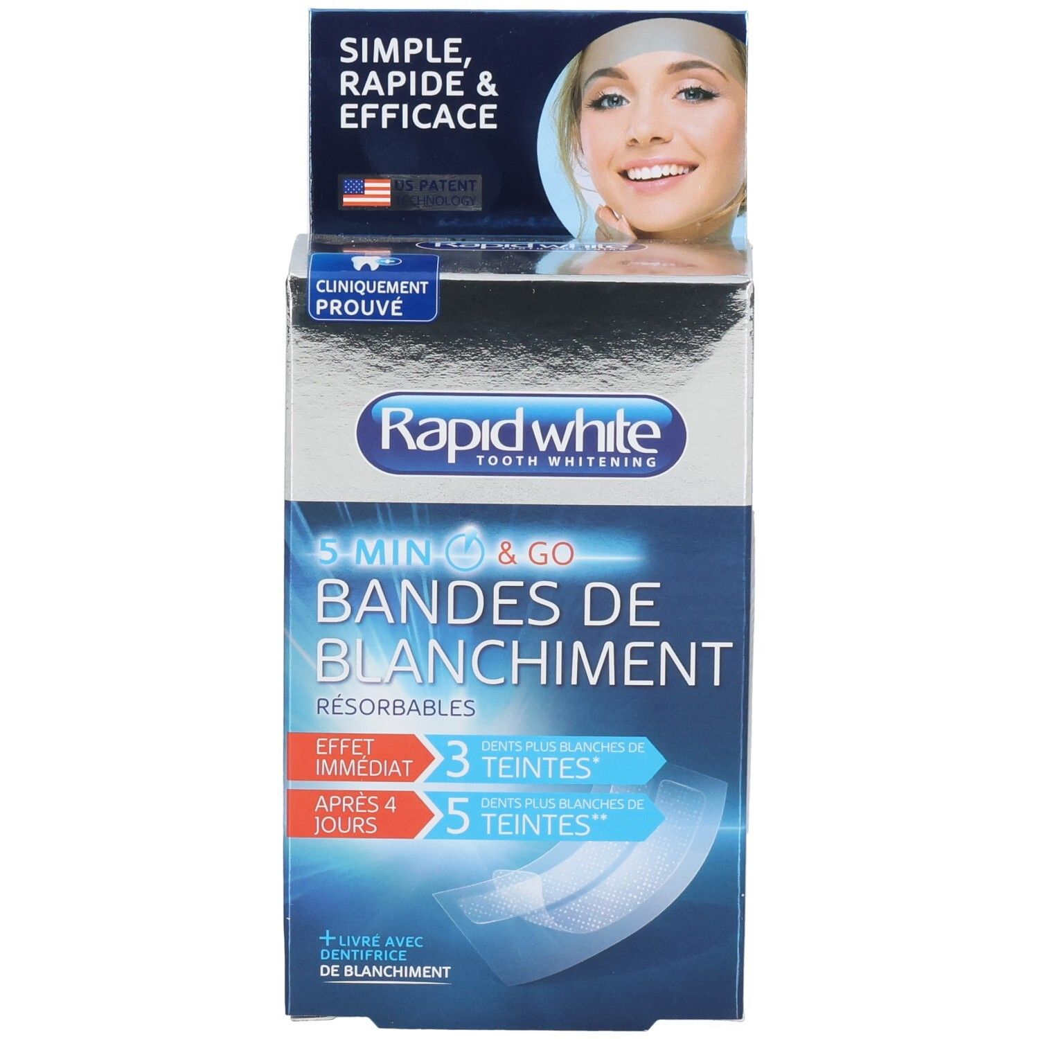 Boîte de bandes de blanchiment Rapid White, face avant avec image d'une femme souriante.