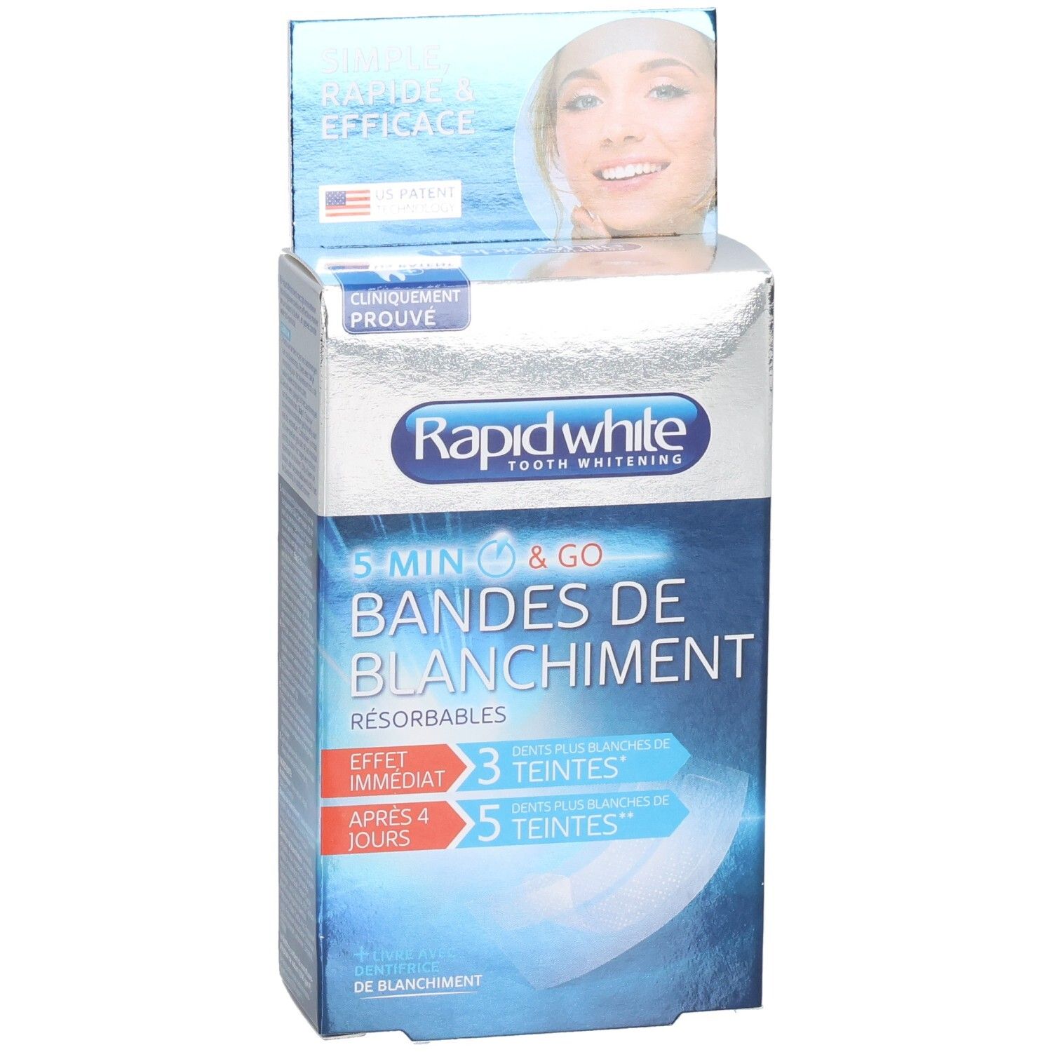 Boîte de bandes de blanchiment Rapid White, application 5 minutes, cliniquement prouvé.