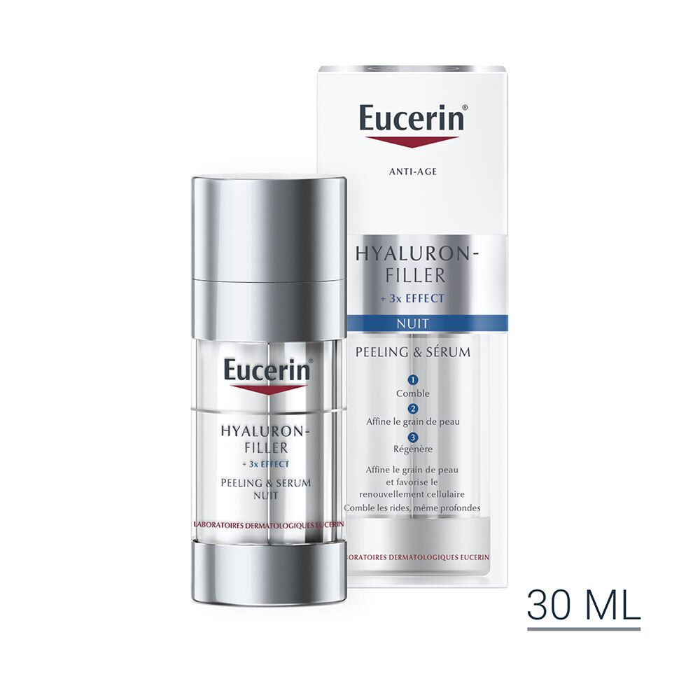 Eucerin HYALURON-FILLER + 3x EFFECT Peeling & Serum Nuit. Flacon et emballage. 30 ml.