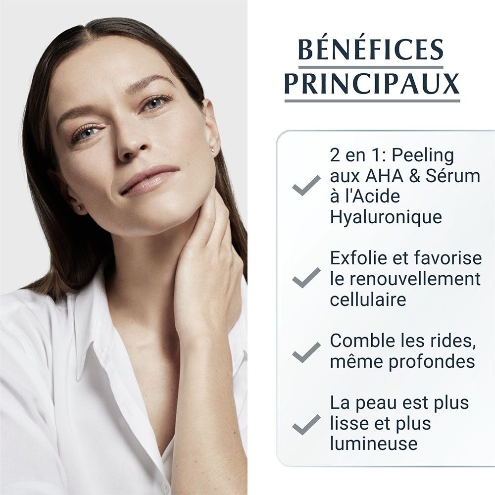 Avantages : Peeling 2 en 1 avec AHA & sérum à l'acide hyaluronique. Affine le grain de peau. Lisse les rides.