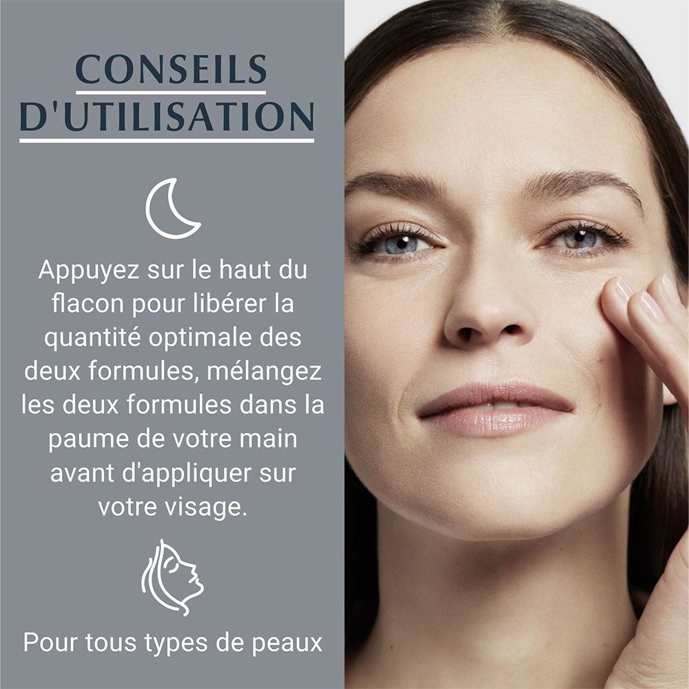 Conseils d'utilisation : Appuyer sur le flacon. Mélanger. Appliquer sur le visage. Pour tous types de peaux.