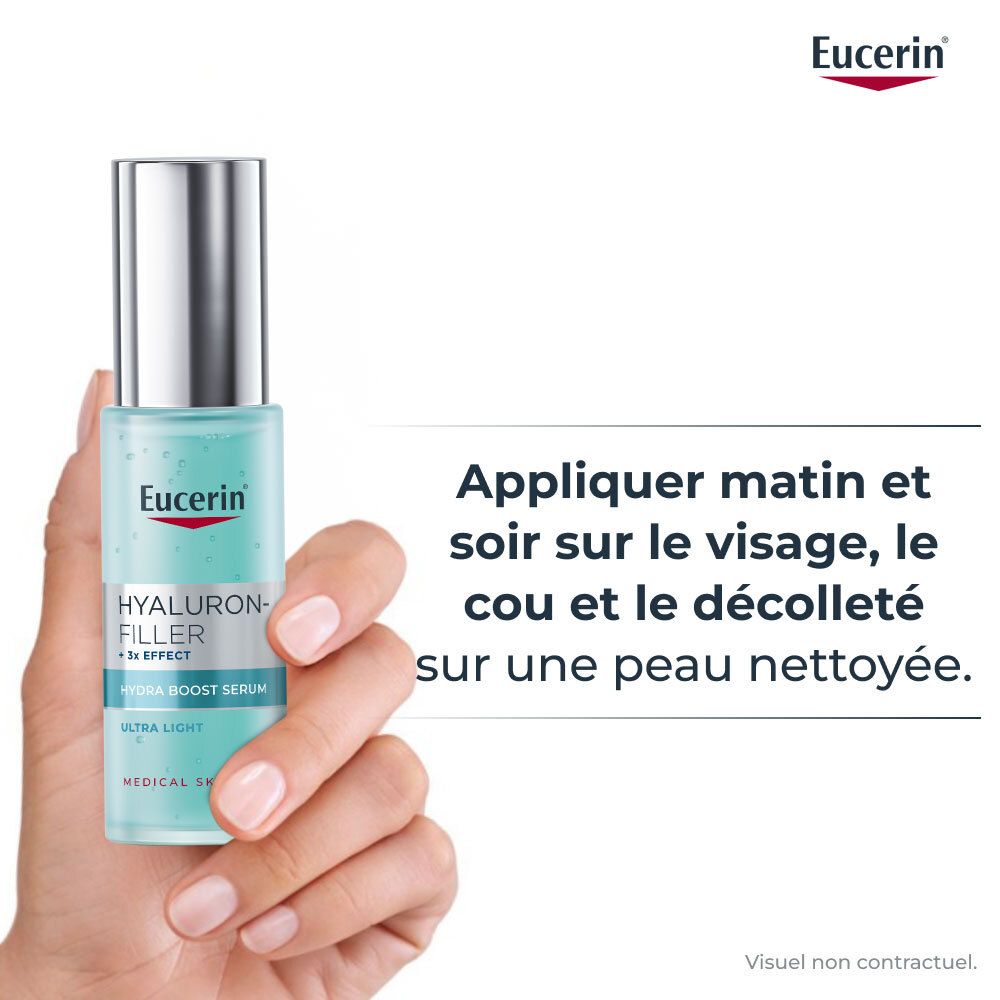 Femme tenant un flacon de sérum. Texte: Appliquer matin et soir sur le visage, le cou et le décolleté sur une peau nettoyée. Logo Eucerin.