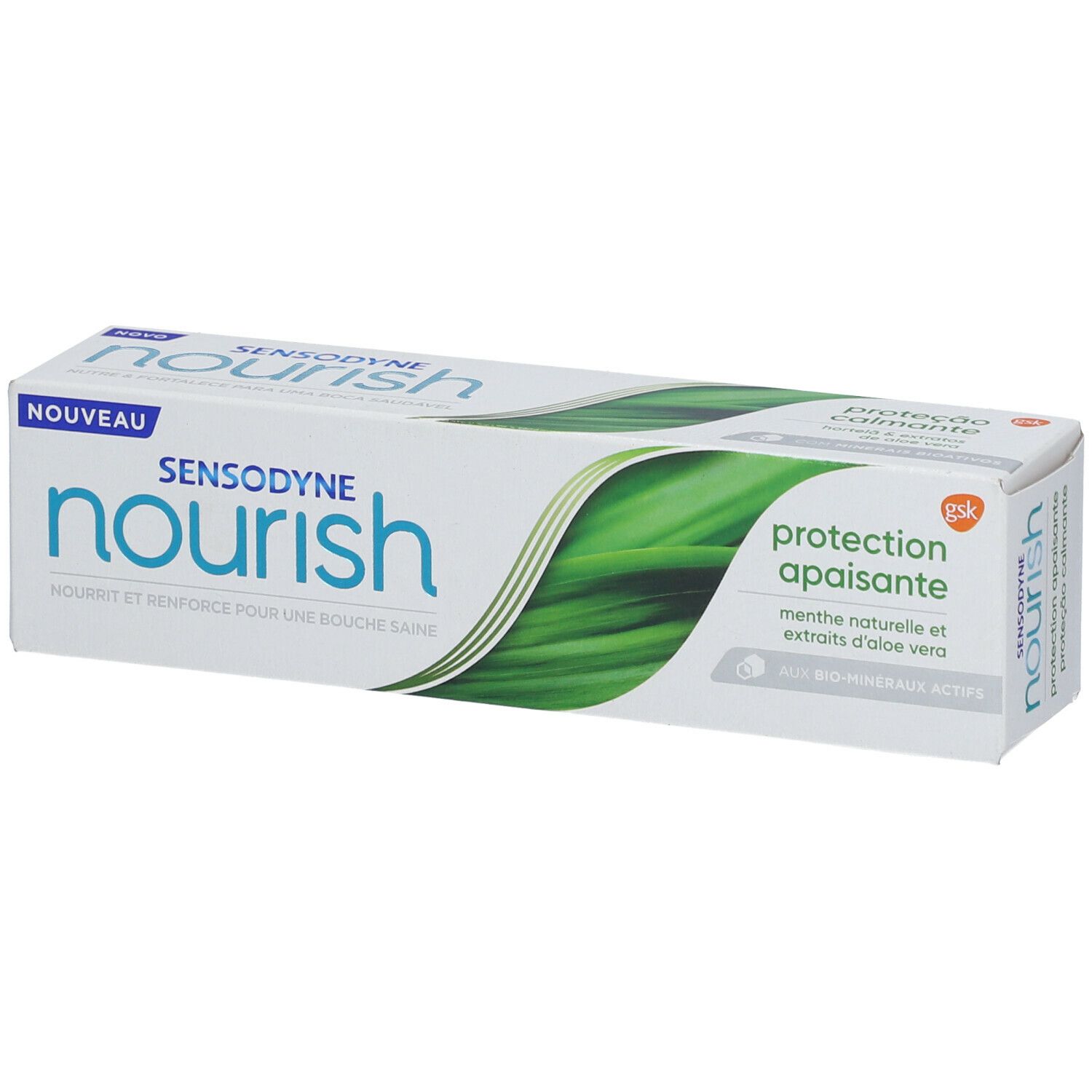 Emballage de dentifrice SENSODYNE Nourish. Blanc, accents verts. Inscriptions : Nourish, Protection apaisante, Bio-minéraux actifs.