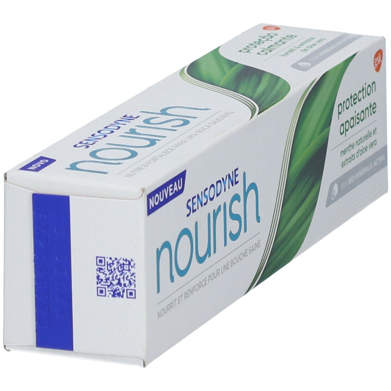 Emballage de dentifrice SENSODYNE Nourish, en biais. Blanc, accents verts. Inscriptions : Nourish, Protection apaisante, Bio-minéraux actifs.