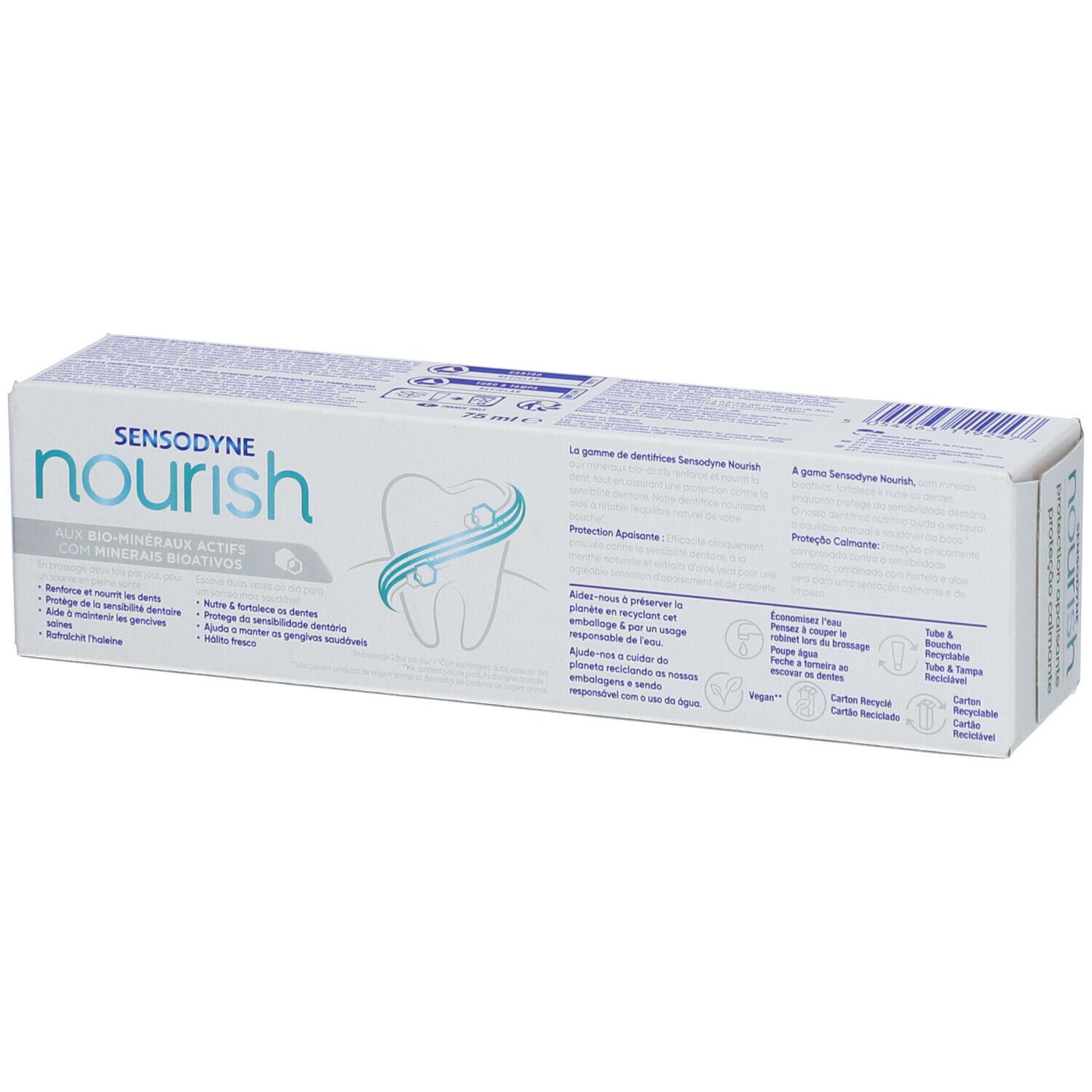 Dos de l'emballage de dentifrice SENSODYNE Nourish. Blanc, texte et illustrations. Inscriptions : Bio-minéraux, vegan.