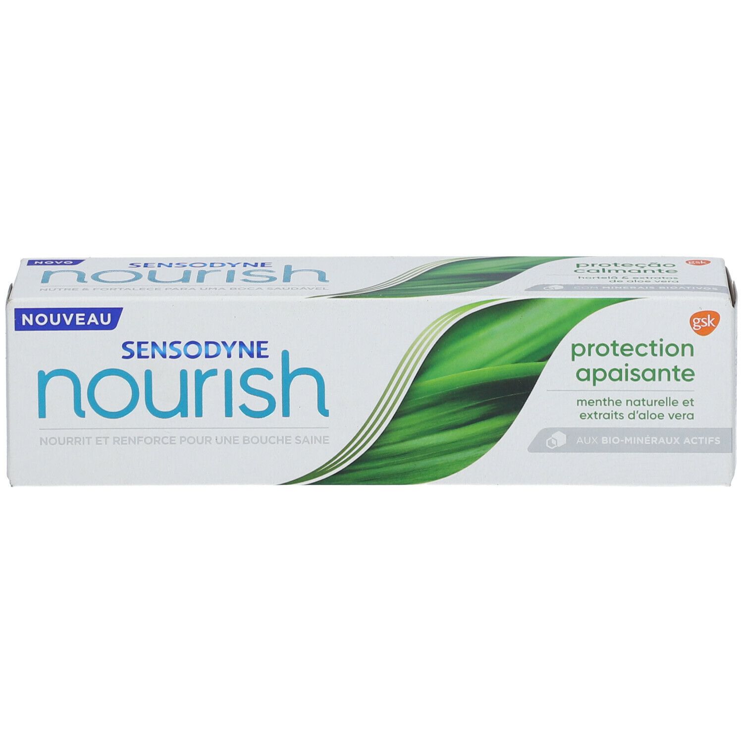 Vue de dessus de l'emballage de dentifrice SENSODYNE Nourish. Blanc, accents verts. Inscriptions : Nourish, Protection apaisante, Bio-minéraux actifs.
