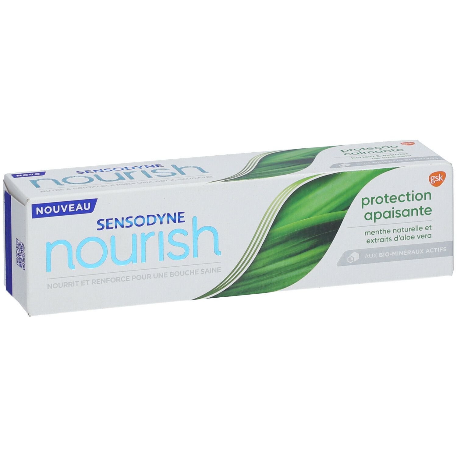 Emballage de dentifrice SENSODYNE Nourish, en biais. Blanc, accents verts. Inscriptions : Nourish, Protection apaisante, Bio-minéraux actifs.