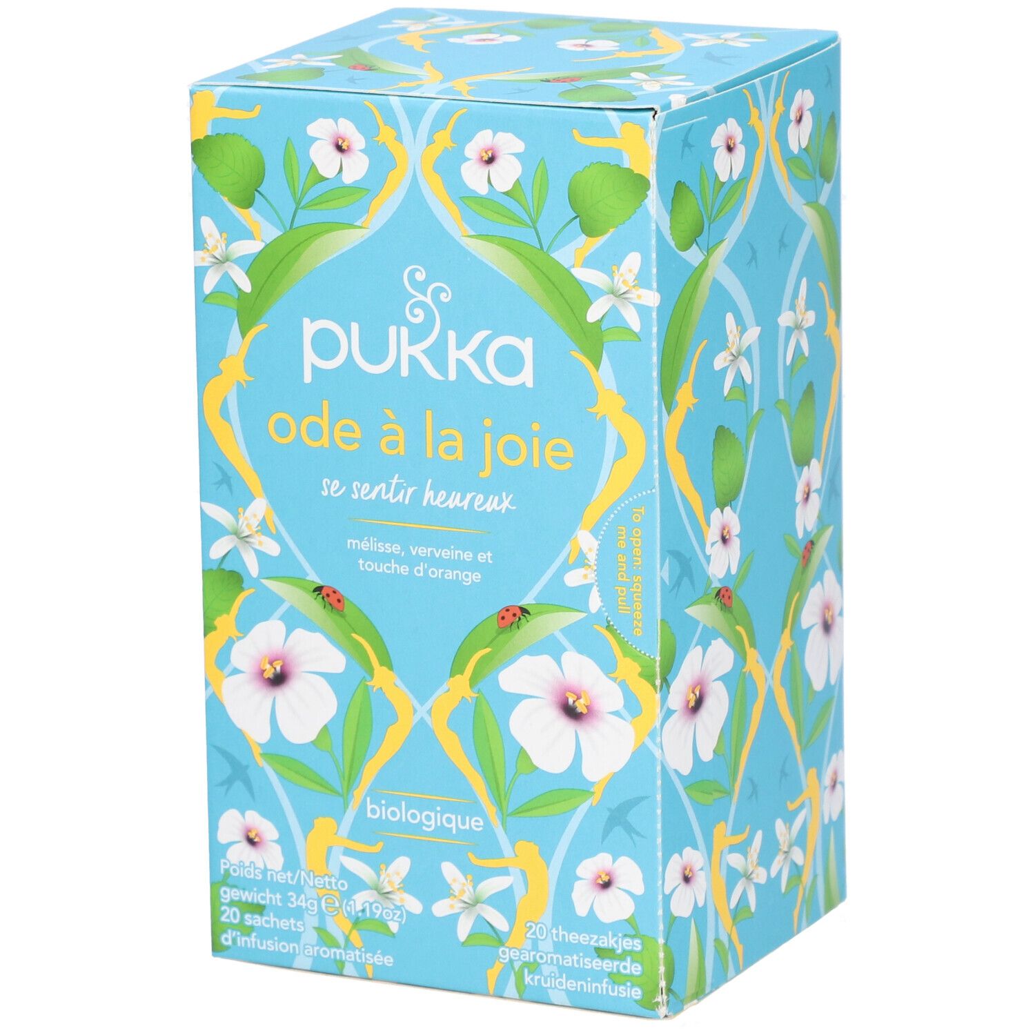 Boîte bleu clair Pukka 'Ode à la Joie'. Motifs floraux. 20 sachets. 'Biologique'. Ingrédients : mélisse, verveine, orange.