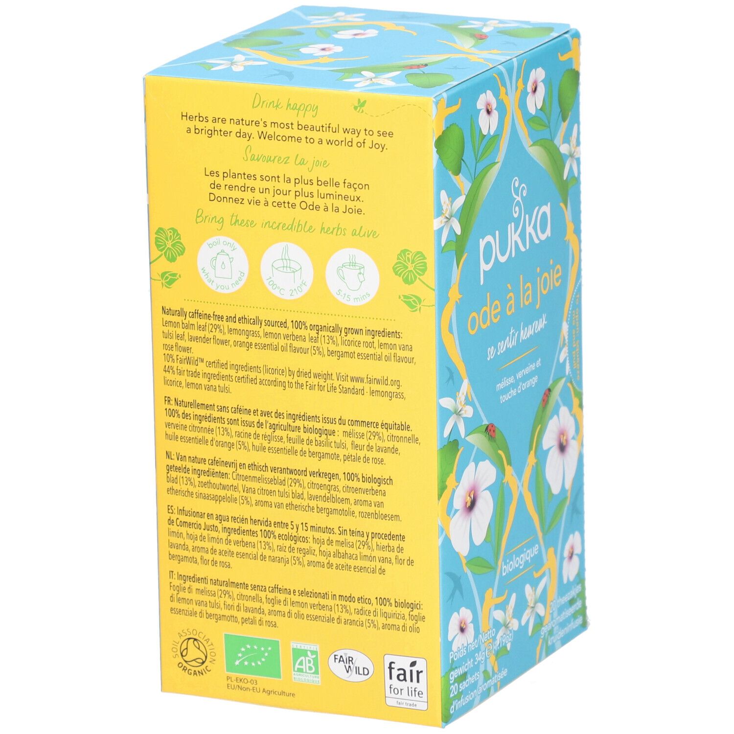 Dos de la boîte Pukka bleu clair. Texte sur les herbes et ingrédients. Certification 'Fair for Life'.