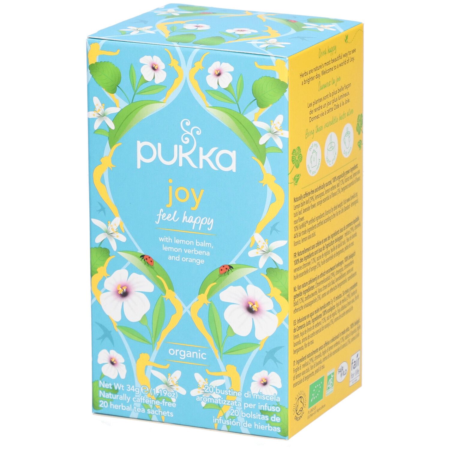 Boîte bleu clair Pukka 'joy'. Motifs floraux. 20 sachets. 'Organic'. Ingrédients : mélisse, verveine, orange.