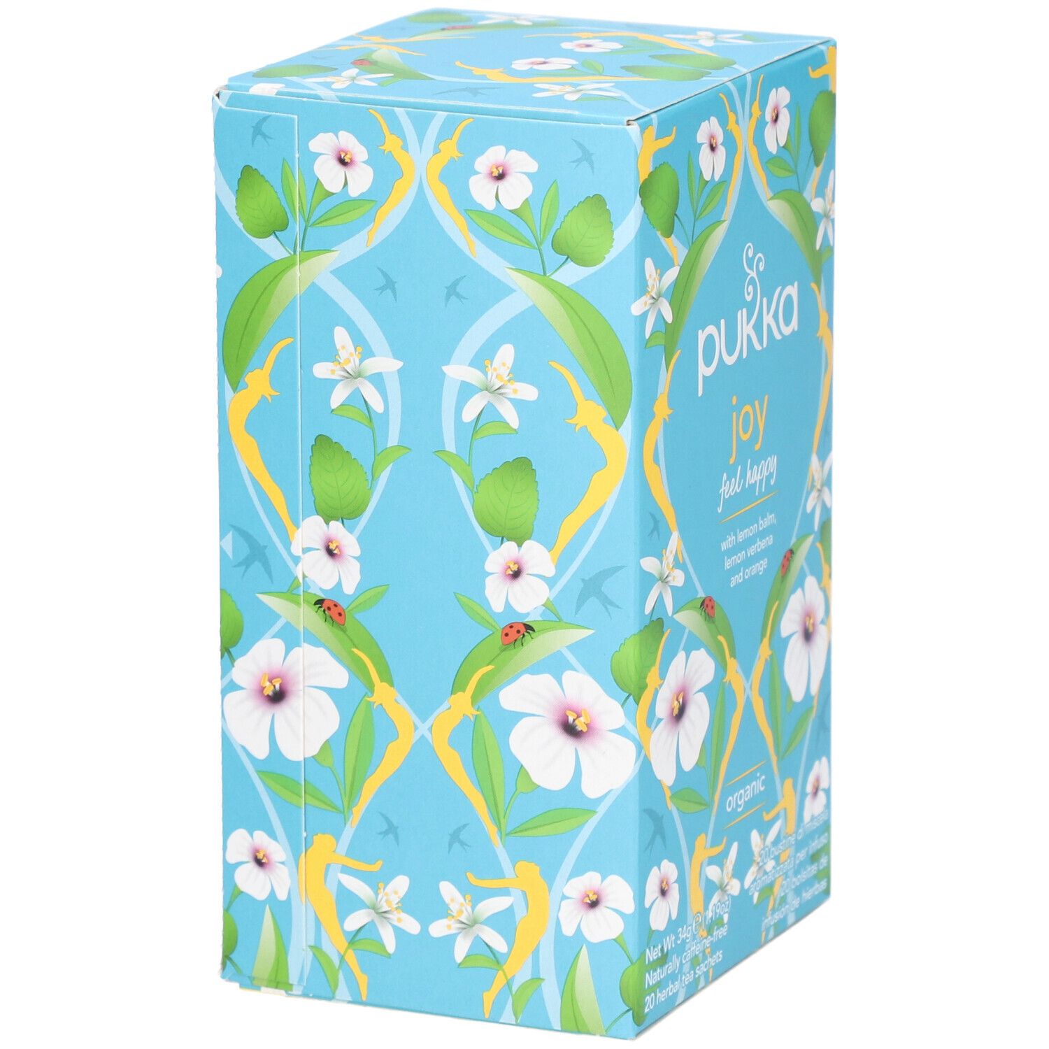 Boîte bleu clair Pukka 'joy'. Motifs floraux. 20 sachets. 'Organic'. Ingrédients : mélisse, verveine, orange.