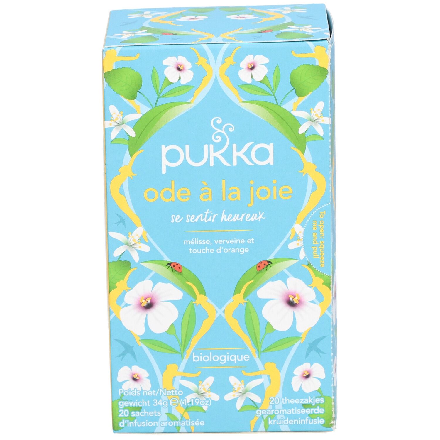 Boîte bleu clair Pukka 'Ode à la Joie'. Motifs floraux. 20 sachets. 'Biologique'. Ingrédients : mélisse, verveine, orange.