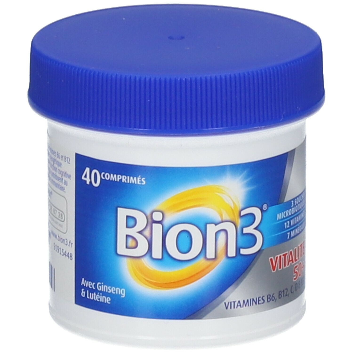 Boîte blanche avec couvercle bleu. Inscription Bion3 Vitalité 50+. Contient 40 comprimés.