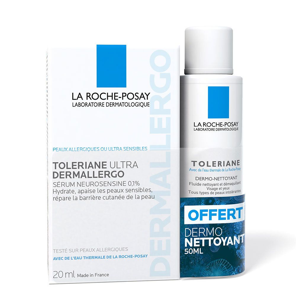 LA ROCHE-POSAY Tolériane Ultra Dermallergo Sérum et Dermo-Nettoyant. Emballage avec produit et nettoyant offert.