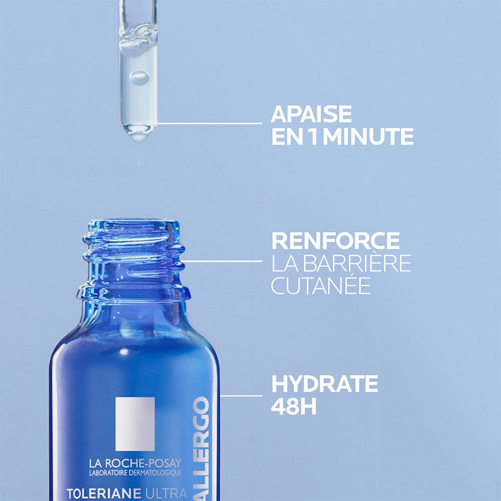 Flacon bleu LA ROCHE-POSAY Tolériane Ultra Dermallergo Sérum. Inscription : Hydrate 48h, renforce la barrière cutanée.