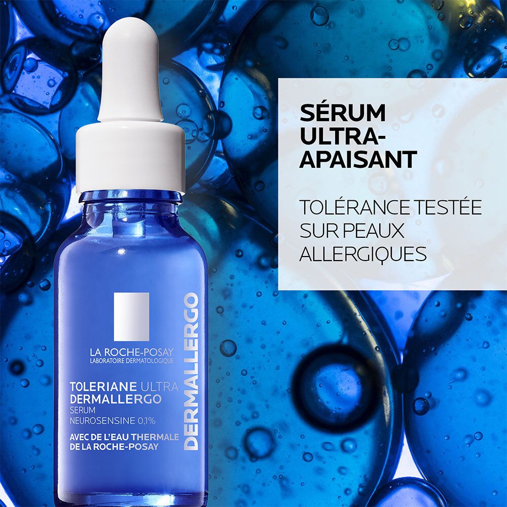 Flacon bleu LA ROCHE-POSAY Tolériane Ultra Dermallergo Sérum. Avec pipette. Convient aux peaux allergiques.