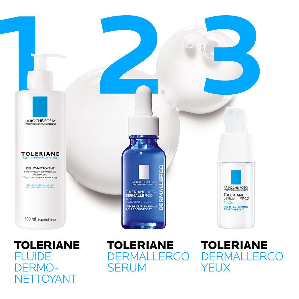 Trois produits LA ROCHE-POSAY Tolériane : fluide nettoyant, sérum, crème yeux. Sur fond blanc.
