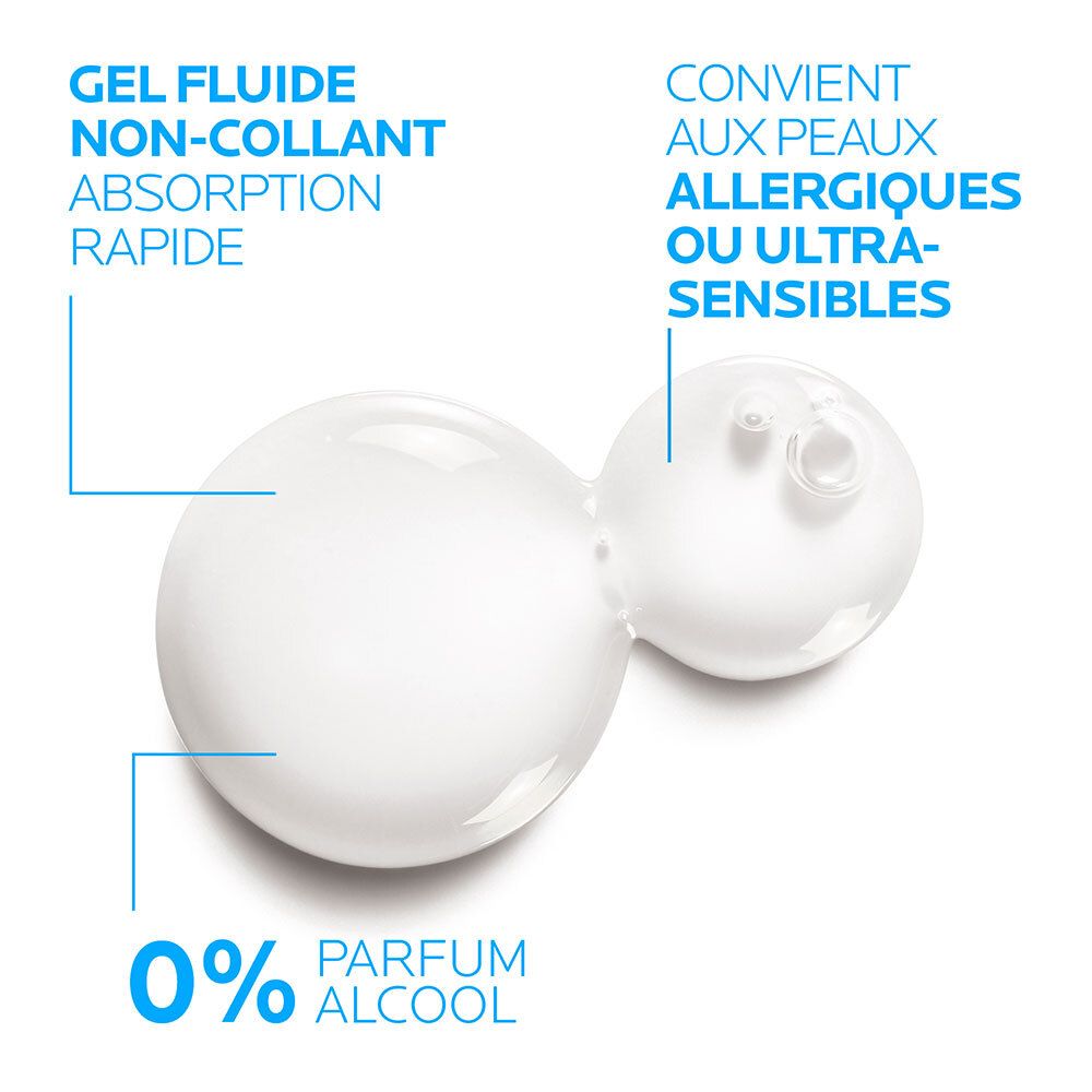 Texture produit : gel fluide, non collant, absorption rapide. 0% alcool. Convient aux peaux allergiques.