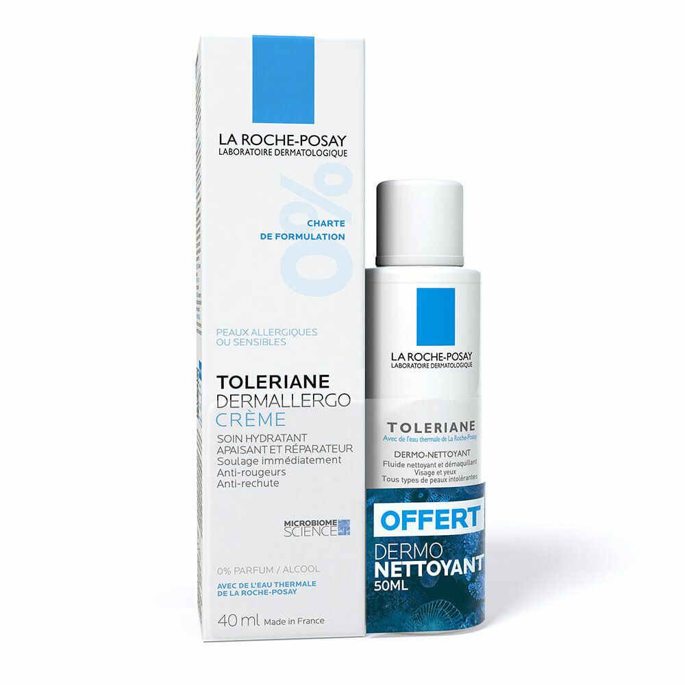 La Roche-Posay Toleriane Dermallergo Crème et Dermo-Nettoyant. Flacon et boîte blancs, accents bleus. Crème 40ml, Dermo-Nettoyant 50ml.