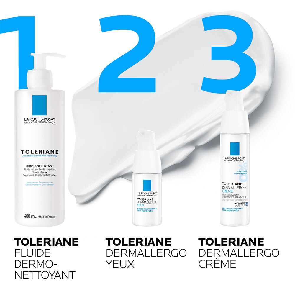 Trois produits La Roche-Posay Toleriane. Fluiide Dermo-Nettoyant, Dermallergo Yeux, Dermallergo Crème. Flacons blancs, accents bleus.