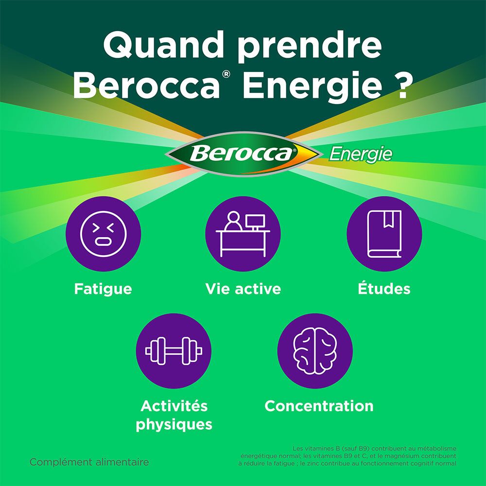 Berocca® Energie Cassis  Multivitamines et Minéraux aide à réduire la fatigue