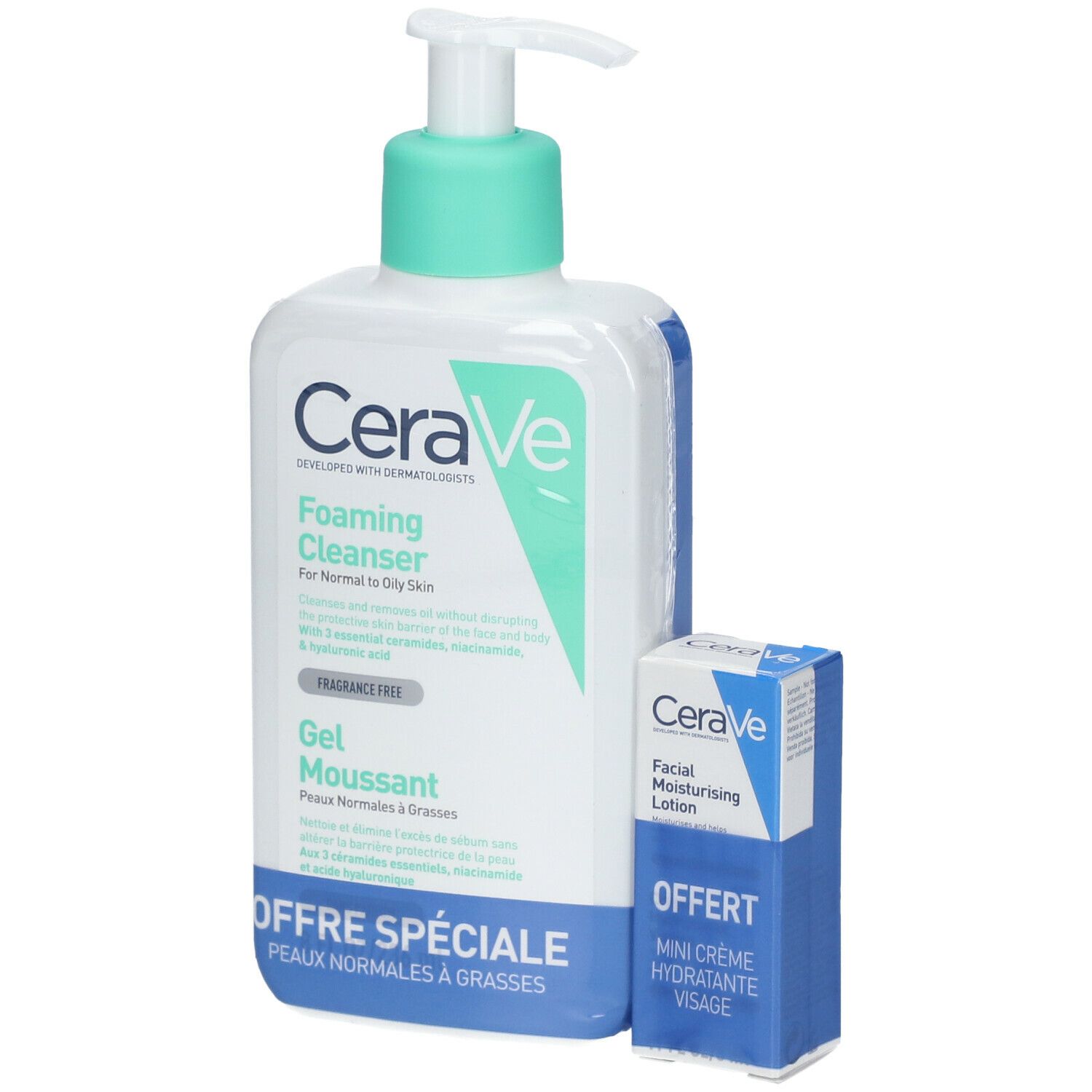 CeraVe Gel Moussant visage pour les peaux normales à grasses + Mini Crème Hydratante Visage offerte
