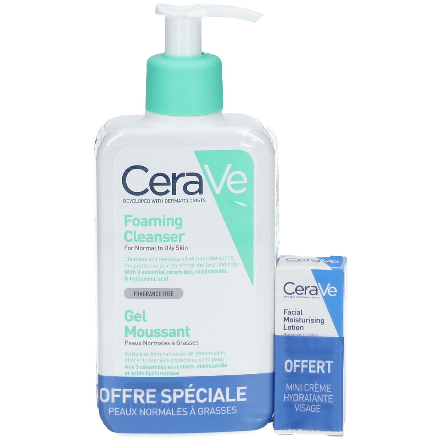 CeraVe Gel Moussant visage pour les peaux normales à grasses + Mini Crème Hydratante Visage offerte