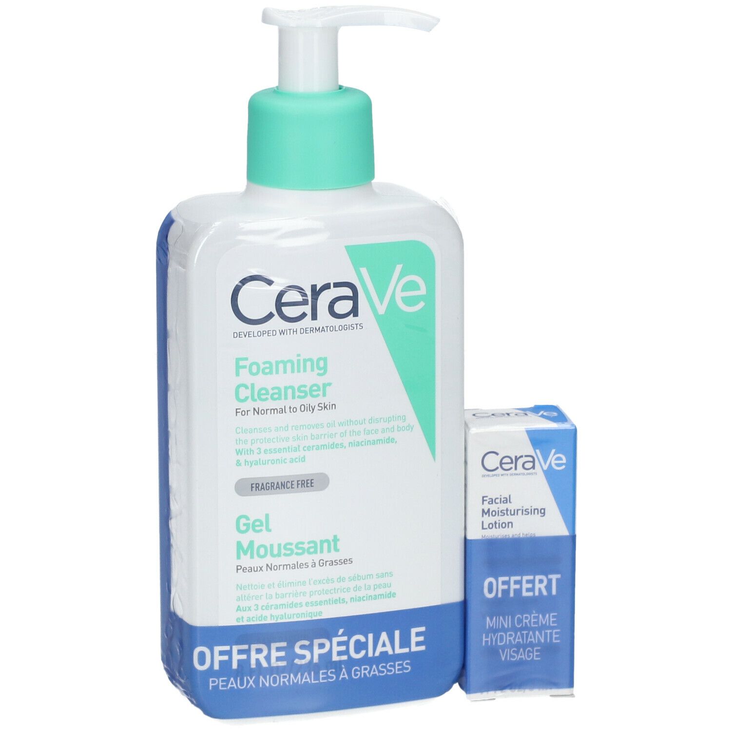 CeraVe Gel Moussant visage pour les peaux normales à grasses + Mini Crème Hydratante Visage offerte