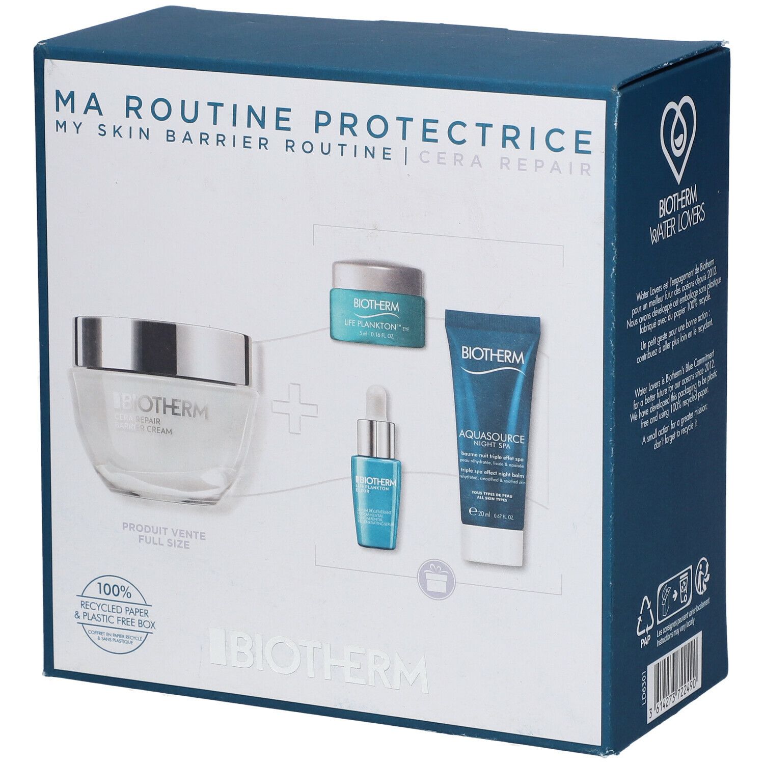 Boîte bleue BIOTHERM. Contient crème, sérum et lotion. Inscription: MA ROUTINE PROTECTRICE. Emballage en papier recyclé.