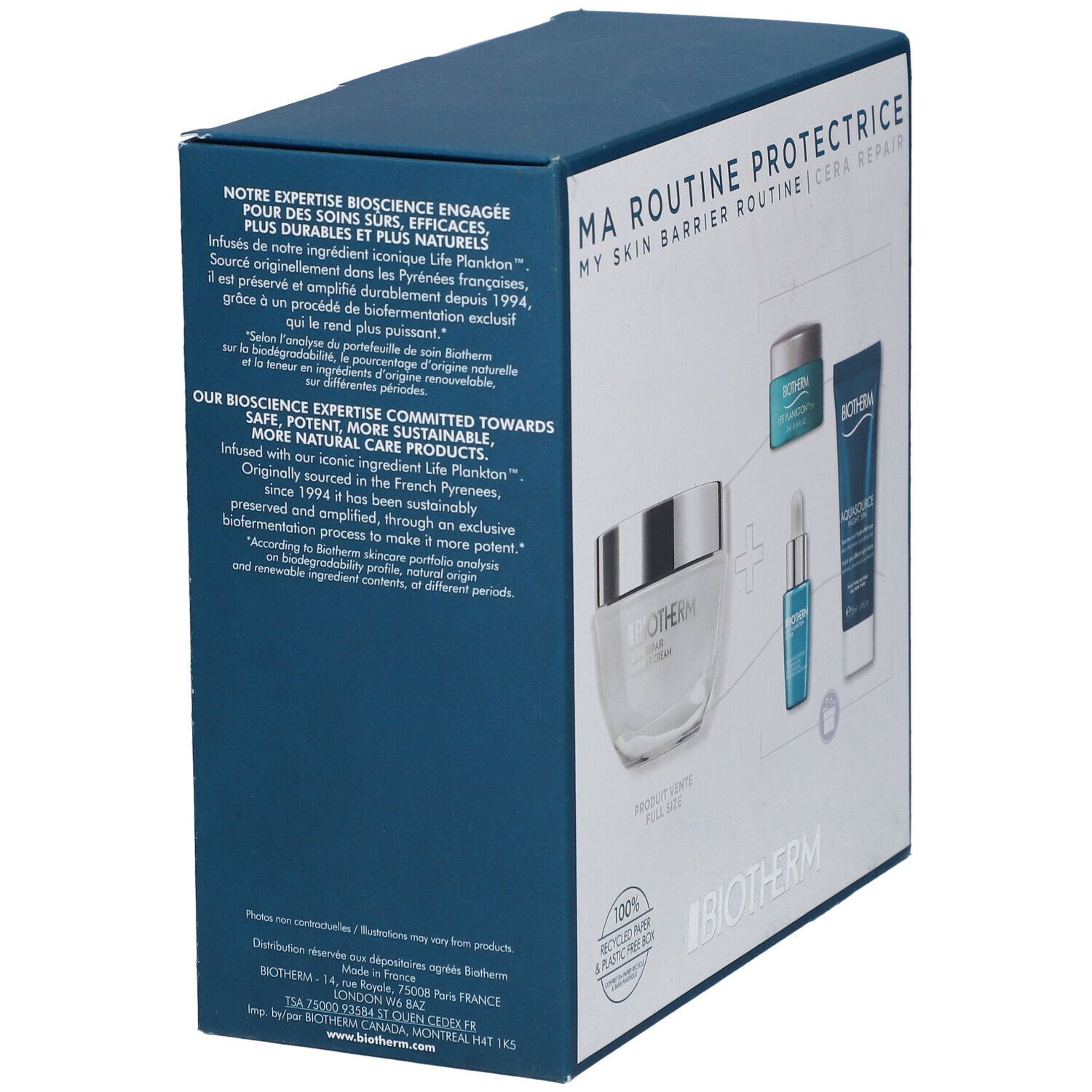 Boîte bleue BIOTHERM avec texte. Contient crème, sérum et lotion. Inscription: MA ROUTINE PROTECTRICE. Texte sur la bioscience et Life Plankton.