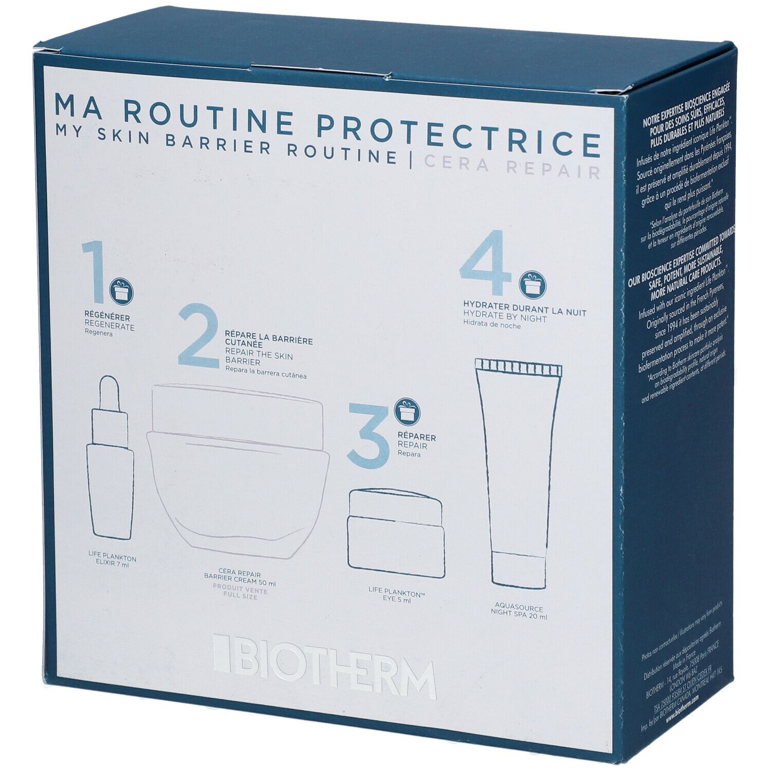 Boîte BIOTHERM avec illustrations de produits. Contient crème, sérum et lotion. Inscription: MA ROUTINE PROTECTRICE. Étapes numérotées.