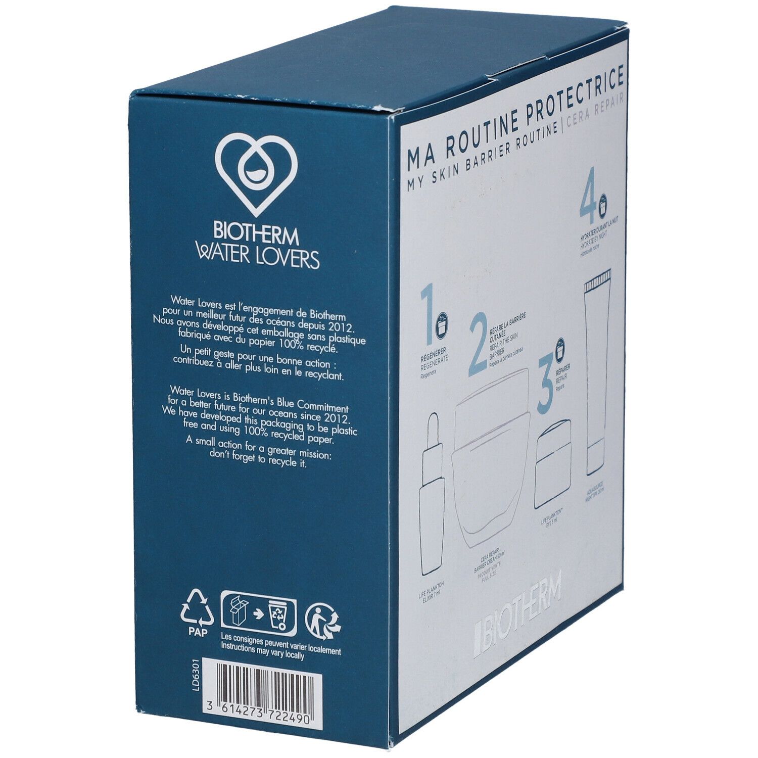 Boîte bleue BIOTHERM avec logo et texte. Inscription: MA ROUTINE PROTECTRICE. Contient crème, sérum et lotion. Logo de recyclage.