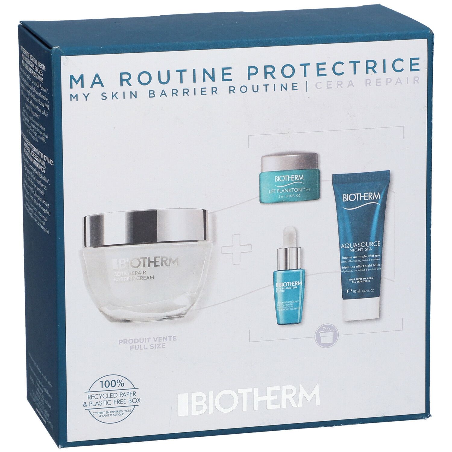 Boîte BIOTHERM avec produits. Contient crème, sérum et lotion. Inscription: MA ROUTINE PROTECTRICE. Papier 100% recyclé.
