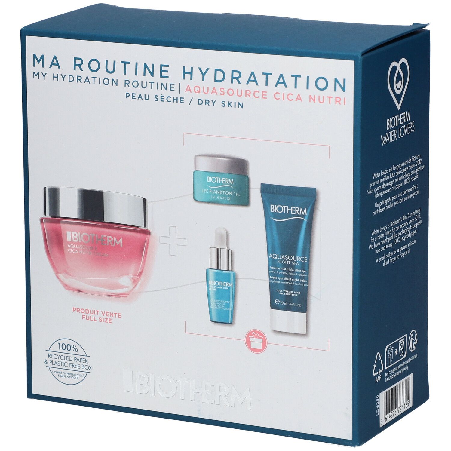 Coffret bleu BIOTHERM. Contient crème, sérum et autres produits. Inscription : MA ROUTINE HYDRATATION. Pour peau sèche.