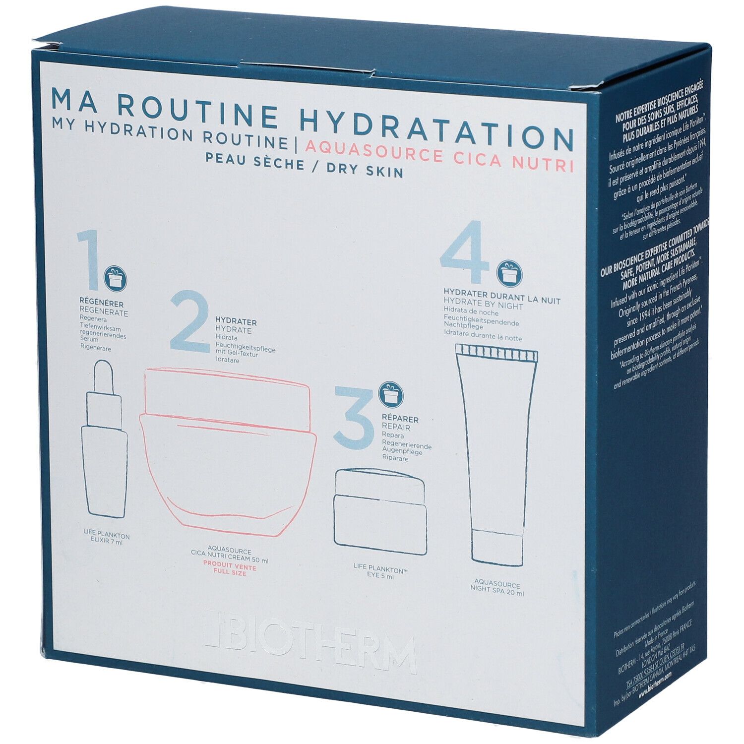 Dos du coffret bleu avec schémas des produits BIOTHERM. Inscription : MA ROUTINE HYDRATATION. Pour peau sèche.