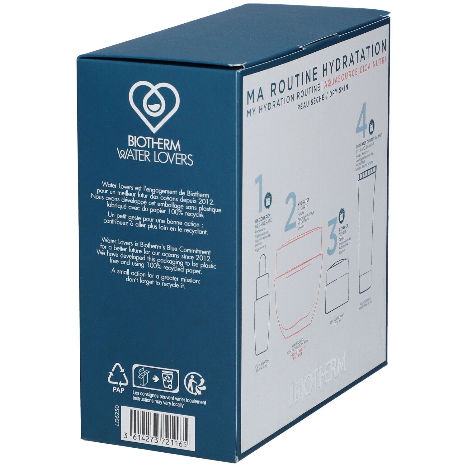 Boîte bleue avec logo BIOTHERM et texte. Contient des informations sur l'engagement Water Lovers et le recyclage.