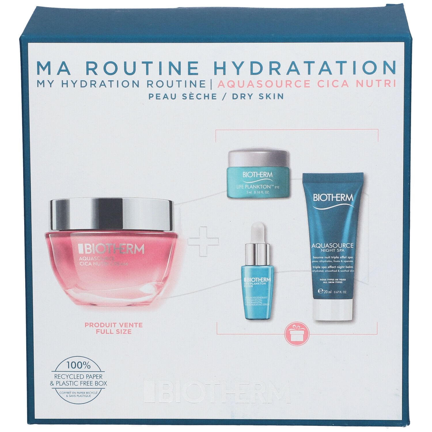 Coffret bleu BIOTHERM. Contient crème, sérum et autres produits. Inscription : MA ROUTINE HYDRATATION. Pour peau sèche.