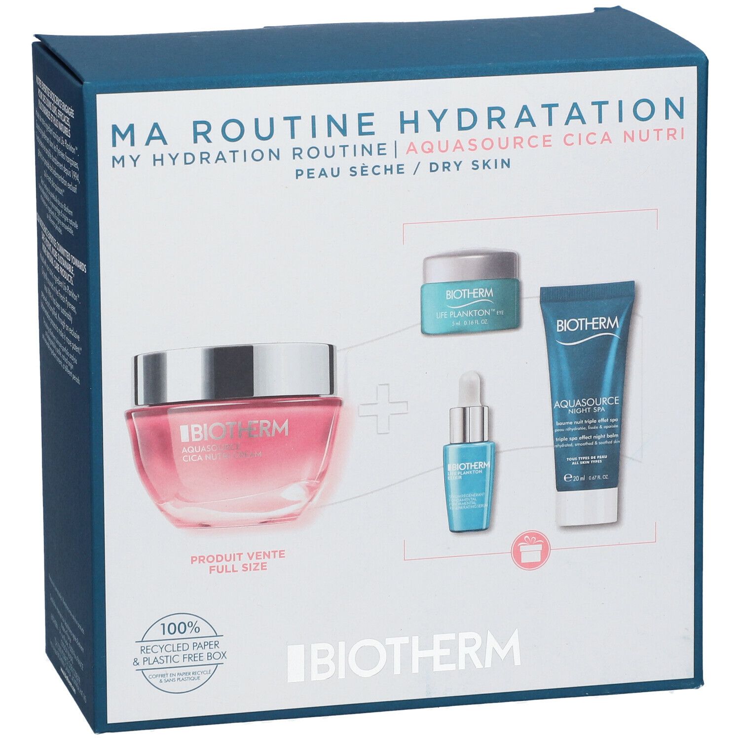 Coffret bleu BIOTHERM. Contient crème, sérum et autres produits. Inscription : MA ROUTINE HYDRATATION. Pour peau sèche.