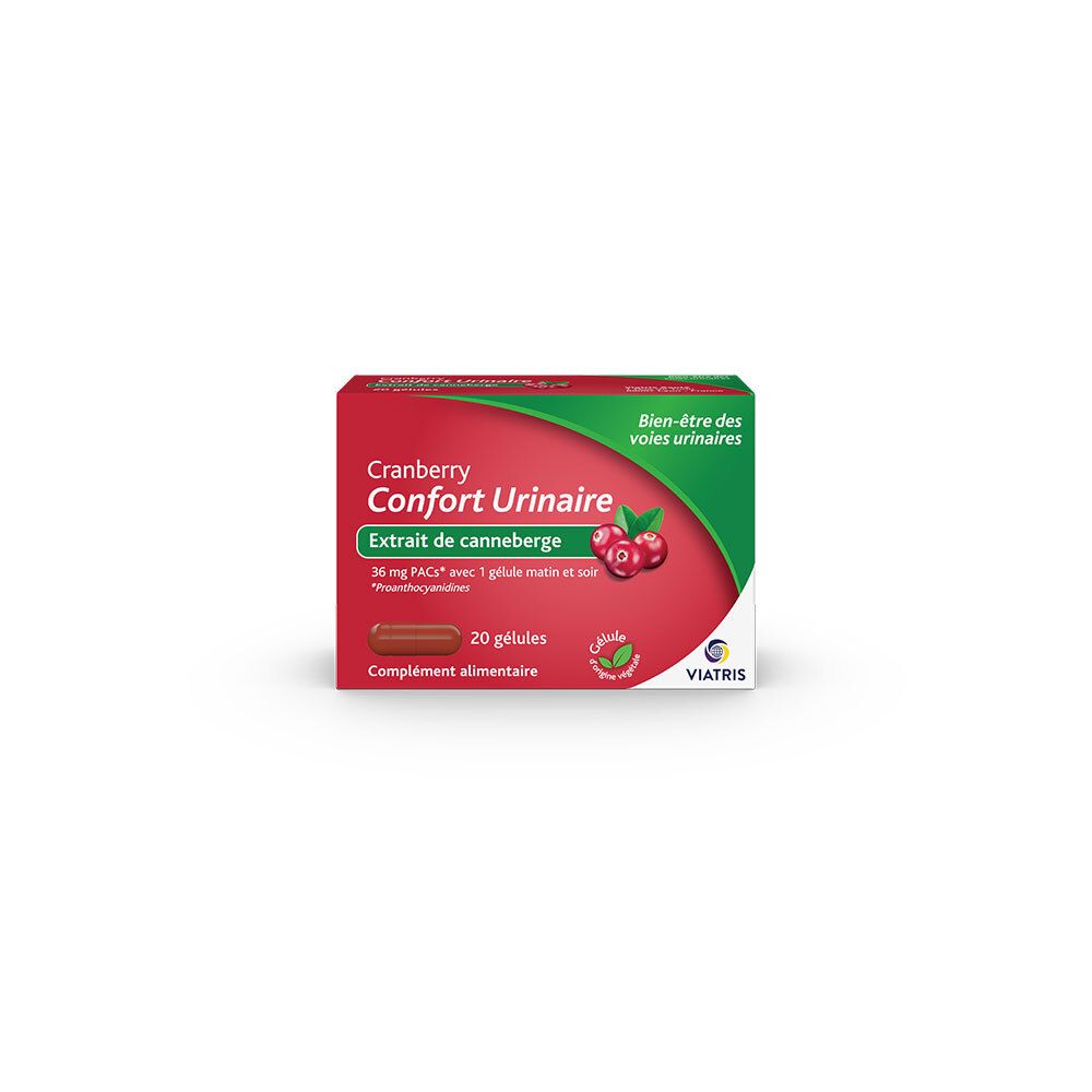 Boîte de 20 gélules de cranberry pour le confort urinaire.