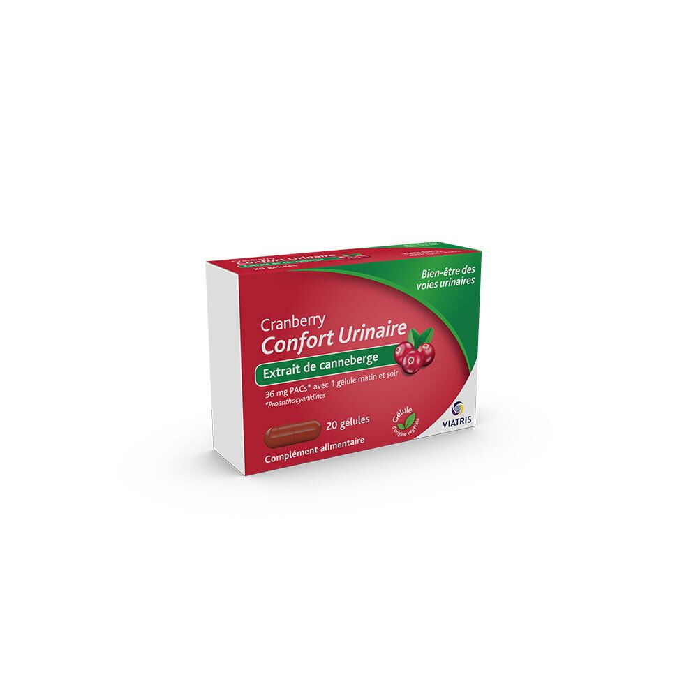 Boîte de 20 gélules de cranberry pour le confort urinaire.