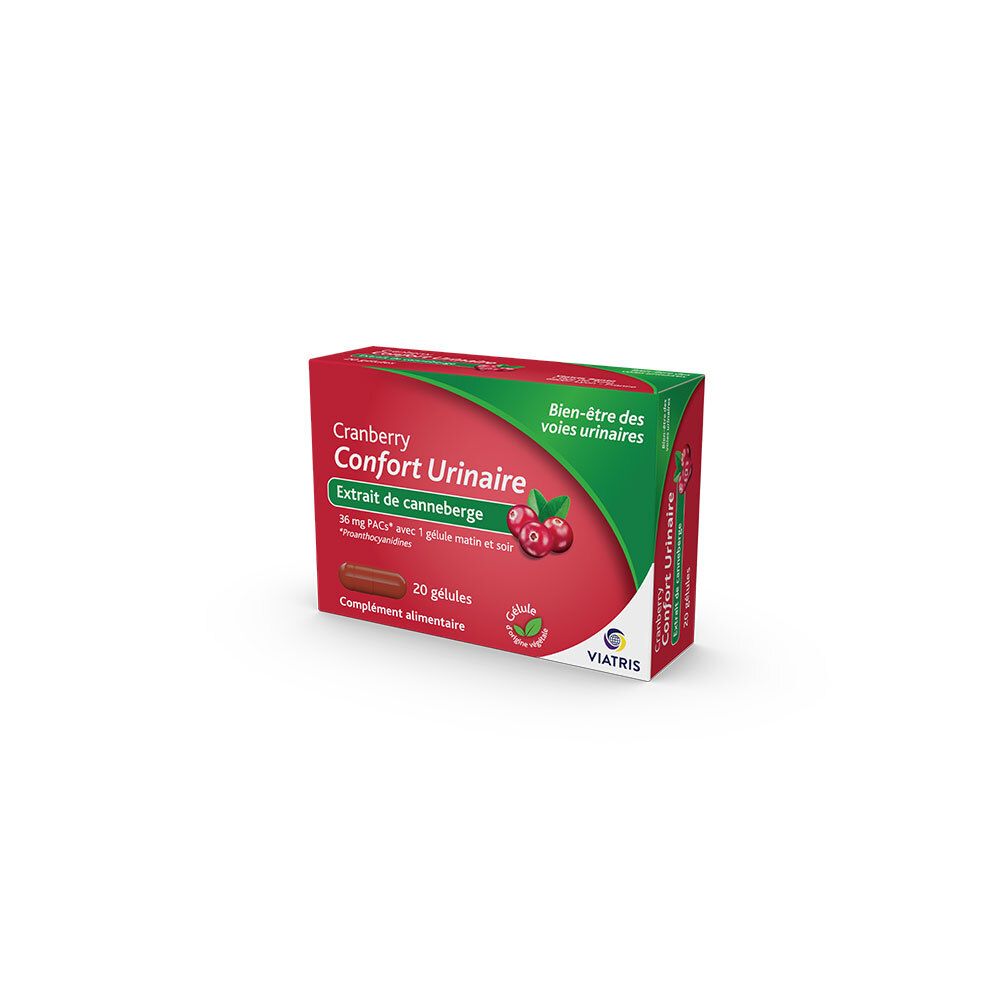 Boîte de 20 gélules de cranberry pour le confort urinaire.