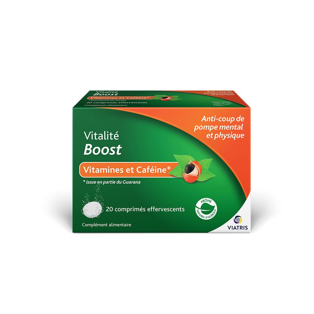 Boîte Vitalité Boost Vitamines et Caféine. Design vert et orange. 20 comprimés effervescents. Logo Viatris.