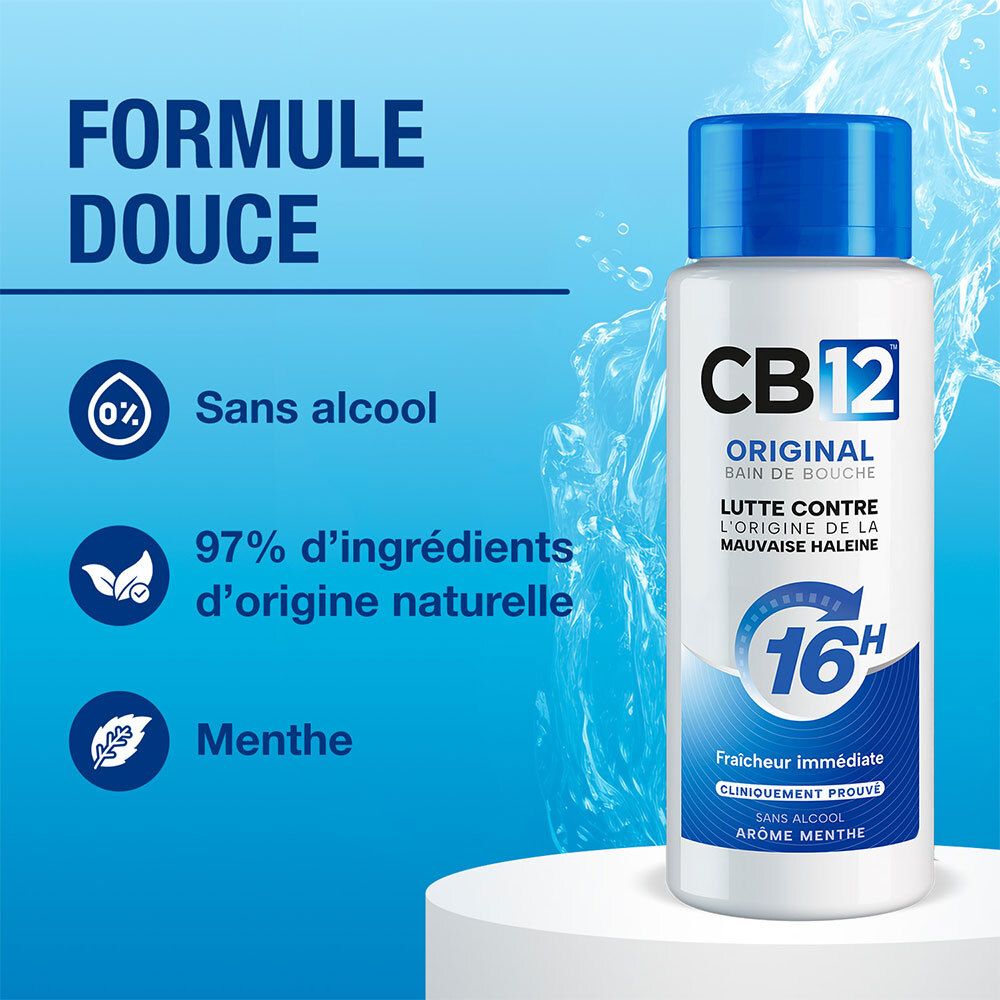 CB12 bain de bouche : "Formule Douce", "Sans alcool", "97% d'ingrédients d'origine naturelle".