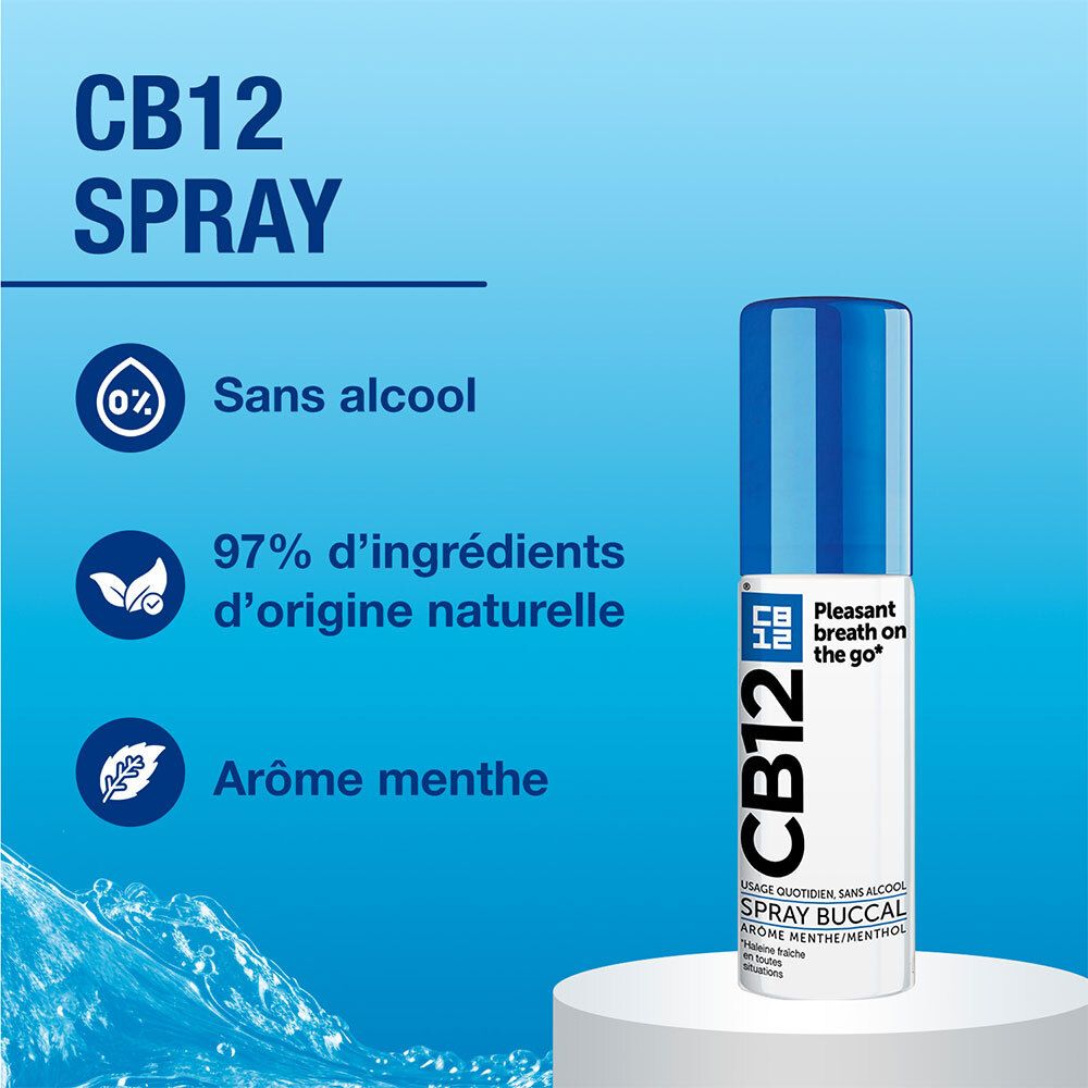 CB12 Spray : "Sans alcool", "97% d'ingrédients d'origine naturelle", "Arôme menthe".