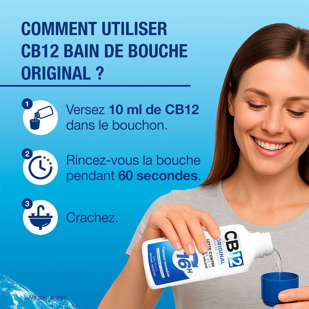 Utilisation CB12 bain de bouche : verser 10 ml, rincer 60 secondes, cracher.
