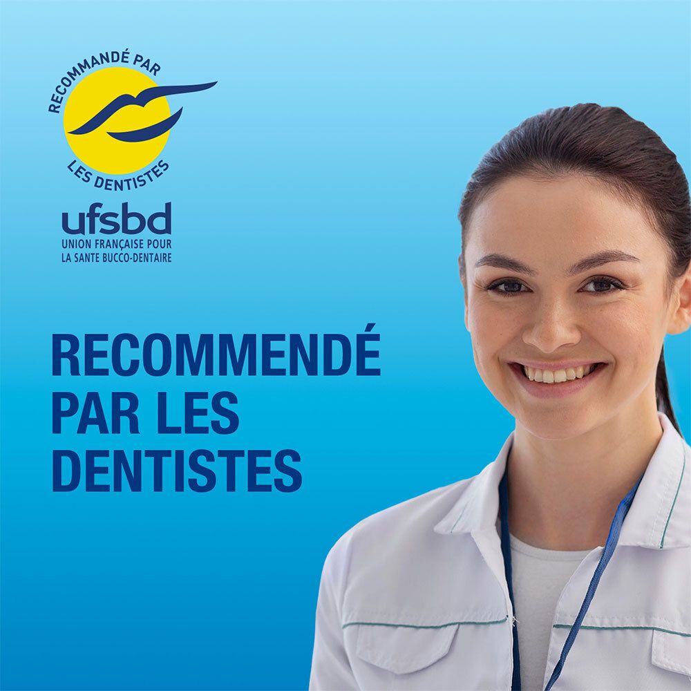 Dentiste souriante. "RECOMMANDÉ PAR LES DENTISTES" avec logo UFSBD.