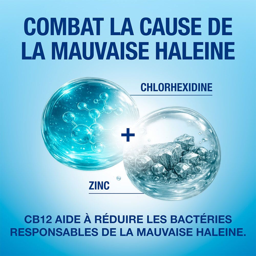 CB12 combat la cause de la mauvaise haleine : Chlorhexidine et Zinc. "CB12 aide à réduire les bactéries".