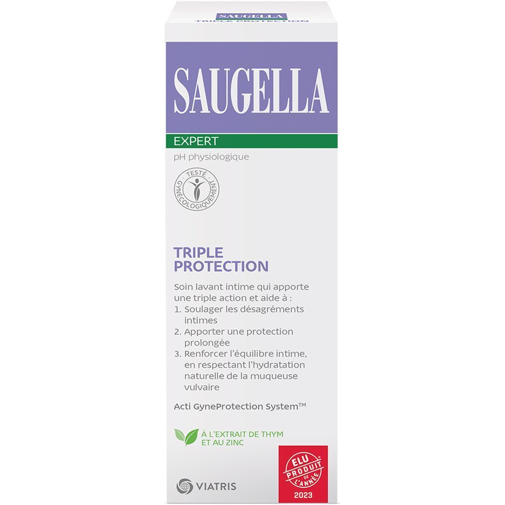 Saugella - Triple Protection - Soin Lavant Intime - à base de Thym et de Zinc - Femmes ayant besoin d'une Protection Renforcée durant la grossesse, pendant les règles, pendant le sport - Flacon 250 ml